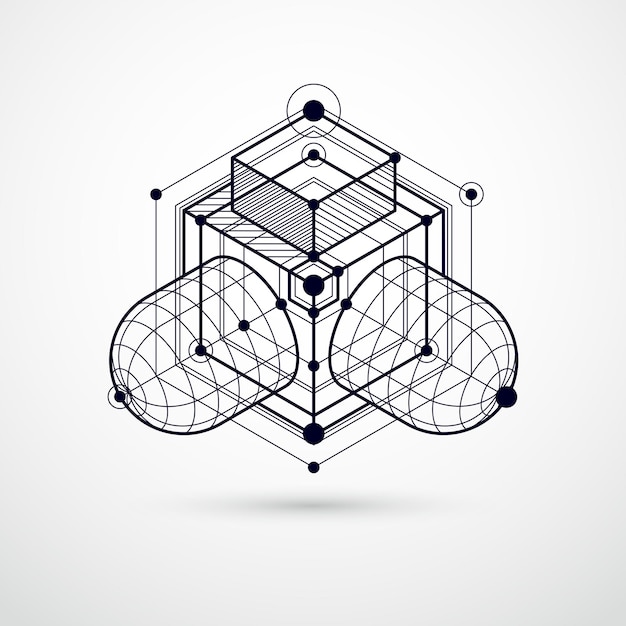 Vector of modern abstract cubic lattice lines black and white background. Layout of cubes, hexagons, squares, rectangles and different abstract elements. Abstract technical 3D background.