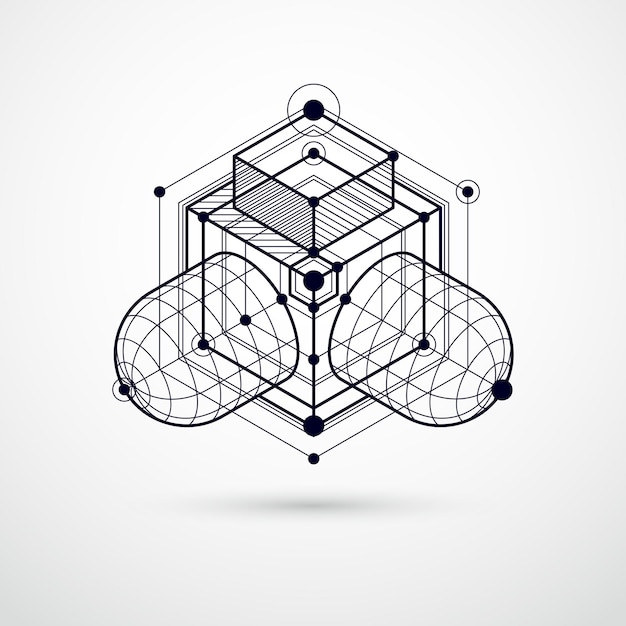 Vector of modern abstract cubic lattice lines black and white background. Layout of cubes, hexagons, squares, rectangles and different abstract elements. Abstract technical 3D background.