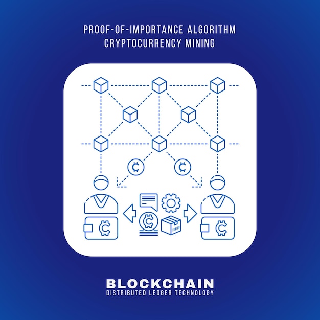 Vector outline design blockchain proof of importance algorithm cryptocurrency POI mining principle explain scheme illustration white rounded square icon isolated blue background