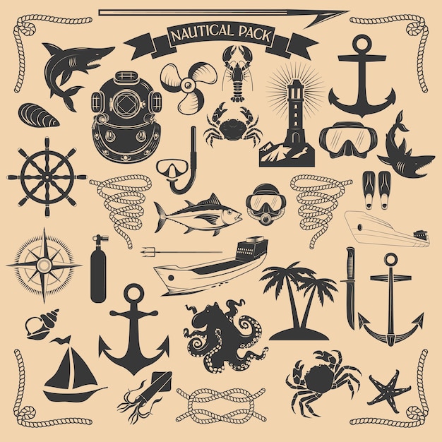Vector pack of nautical elements Rope swirls logos and badges