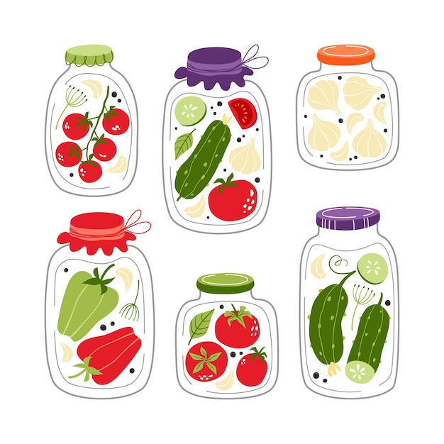 vector pickled vegetables in jars