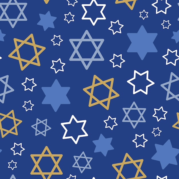 vector repeat pattern with blue, white, golden stars on a hanukkah blue background. star of david