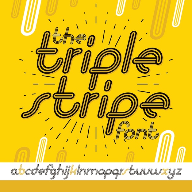 Vector retro lowercase English alphabet letters collection. Cool disco cursive font, script from a to z can be used in poster art. Created using geometric triple stripes.
