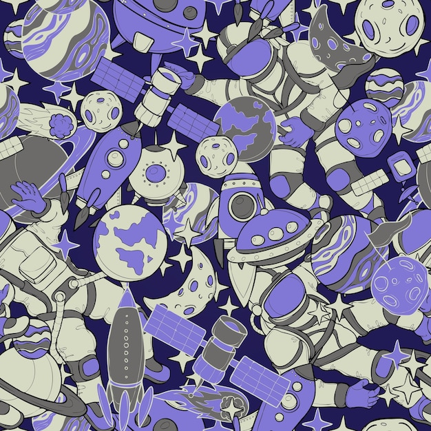 vector seamles pattern with space objects and spaceships