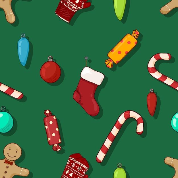 Vector Seamless Pattern Background with Cartoon Christmas Objects