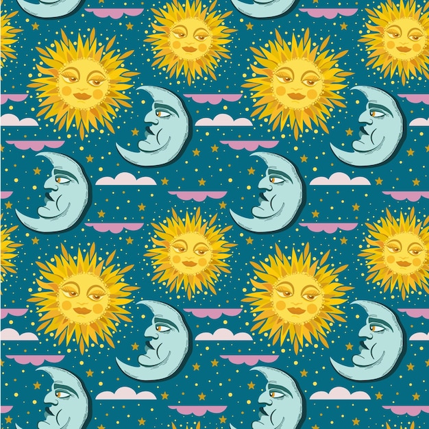 Vector seamless pattern of sun, crescent moon and clouds isolated on dark blue sky.