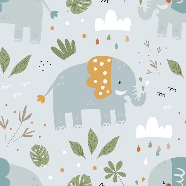 vector seamless pattern with cute elephants