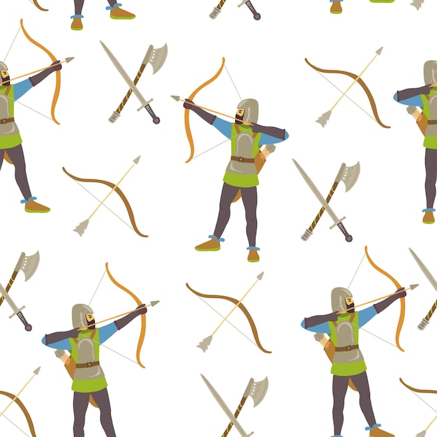 vector seamless pattern with medieval archers on white background