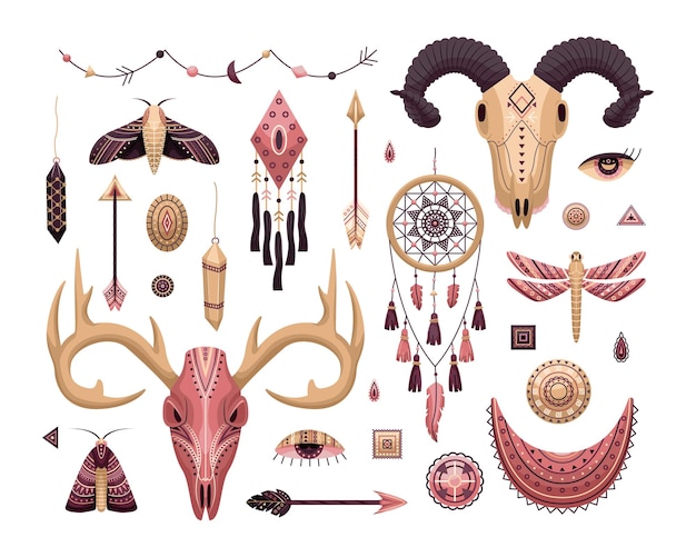 Vector set of boho illustrations. Flat style. Dreamcathers, animal skull, feathers and arrows