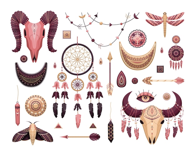 Vector set of boho illustrations. Flat style. Dreamcathers, animal skull, feathers and arrows