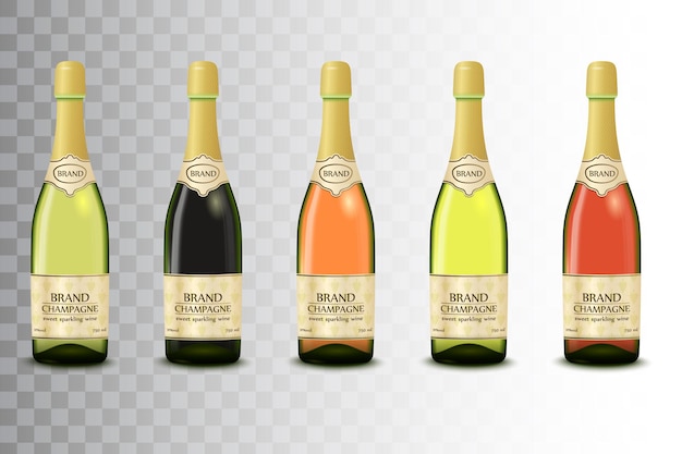 Vector set of different champagne wine bottles on transparent background