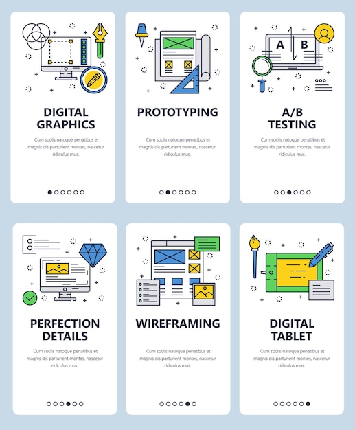 vector set of mobile app onboarding screens digital graphics prototyping a b testing perfection details wireframing digital tablet web templates and banners thin line art style design icons