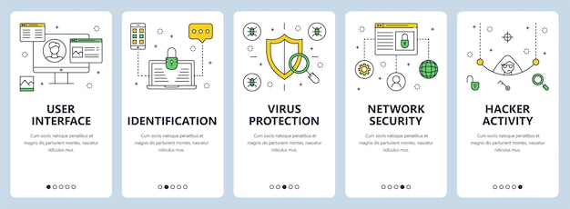 Vector set of vertical banners with User interface Identification Virus protection Network security Hacker activity website templates Modern thin line flat style design