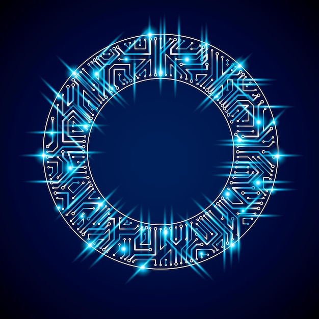 Vector sparkling circuit board circle, digital technologies abstraction. Blue shine computer microprocessor scheme, neon futuristic design.