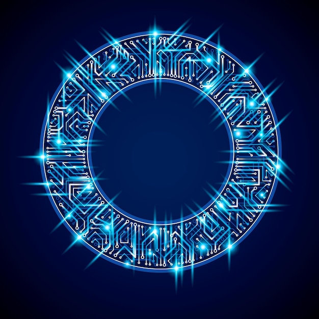 Vector sparkling circuit board circle, digital technologies abstraction. Blue shine computer microprocessor scheme, neon futuristic design.