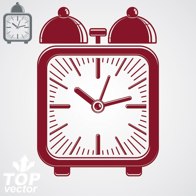 Vector squared 3d alarm clock with two symmetric bells, decorative wake up conceptual icon. Graphic design element – get up theme. Red retro timer with clang bells and simple clockwise.