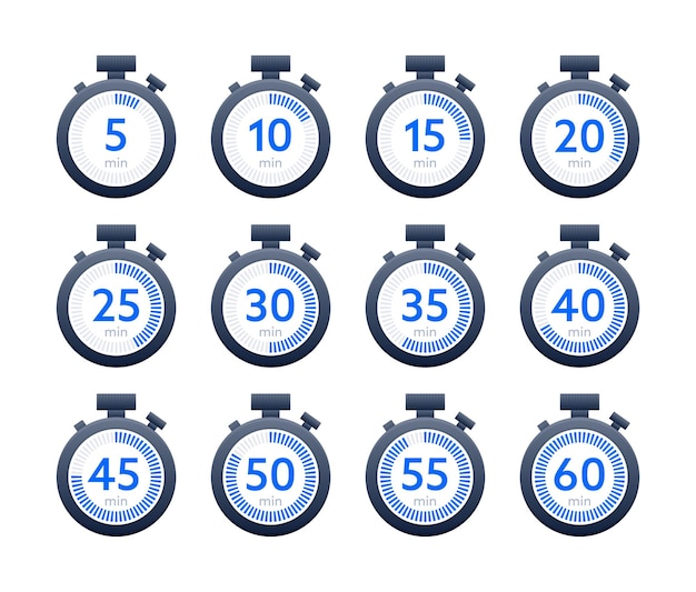 Vector Stopwatch Icons Set Indicating Time Intervals for Productivity and Time Management Digital