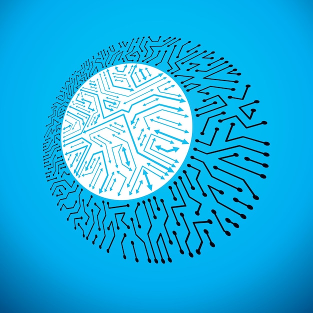 Vector technology cpu design with circular microprocessor scheme. Computer circuit board with arrows, digital element.