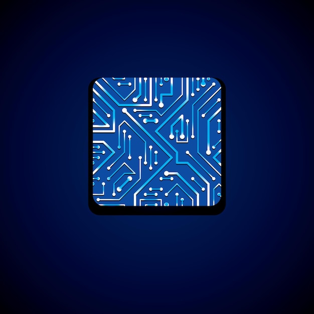 Vector technology cpu design with square blue luminescent microprocessor scheme. Computer circuit board, digital element with flash effect.