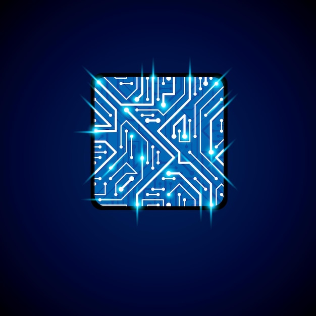 vector technology cpu design with square blue neon luminescent microprocessor scheme. computer circuit board, digital element with flash effect.