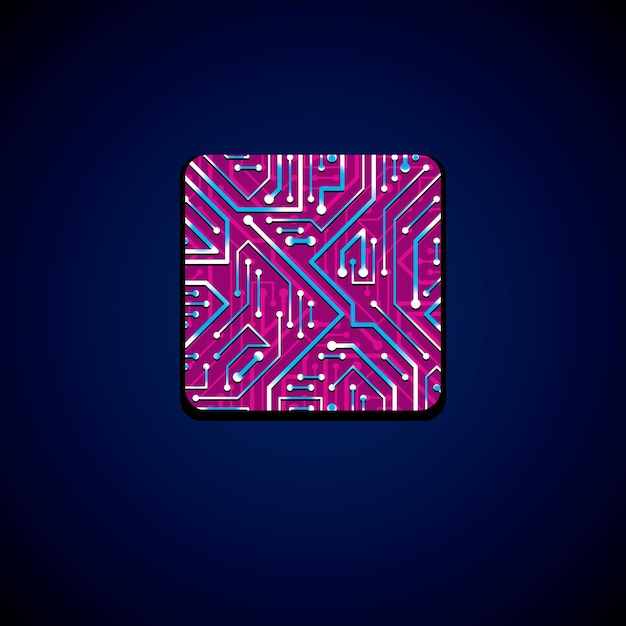 Vector technology cpu design with square luminescent microprocessor scheme. Computer circuit board, digital element with flash effect, magenta.