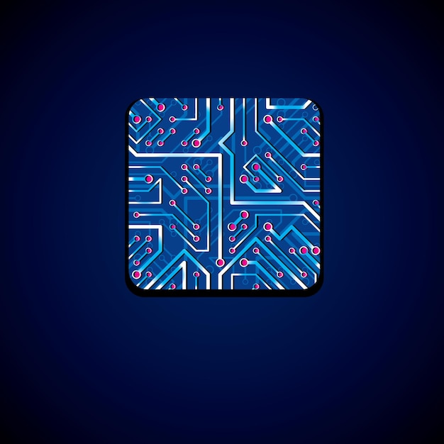 Vector technology cpu design with square luminescent microprocessor scheme. Computer circuit board, digital element with flash effect.
