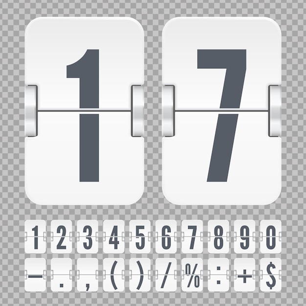 Vector template for time counter or web page timer. White flip numbers and symbols on a mechanical scoreboard isolated on transparent background.