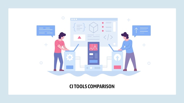 Vector web site design template Continuous Integration CI software development Agile methodology of coding Landing page concepts for website and mobile development Modern flat illustration