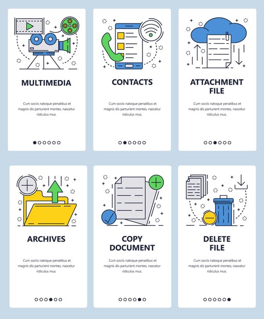 Vector web site linear art onboarding screens template Computer and email services attachement archive copy and delete files Menu banners for website and mobile app development