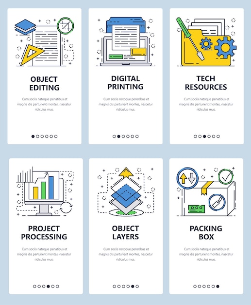 vector web site linear art onboarding screens template computer services and objects printing folder computer processing and layers menu banners for website and mobile app development