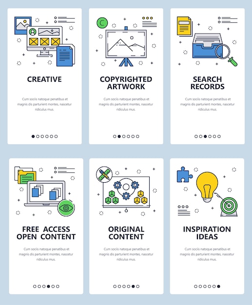 vector web site linear art onboarding screens template creative inspiration ideas and open content menu banners for website and mobile app development modern design flat illustration
