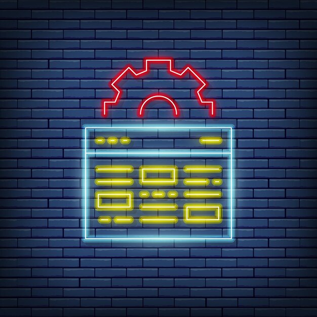 Vector webpage with gear browser repair website optimization neon sign