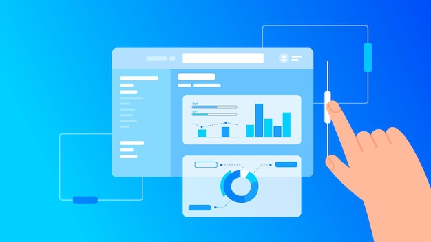 Vector website computer window with performance chart items and hand technology gradient background
