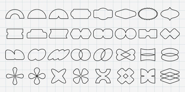 Vectors Grid with 36 unique geometric shapes Geometric shapes in various styles Shapes include curves angles and symmetry Grid layout highlights each shape Black shapes vector set