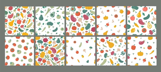 Vegetables pattern Seamless background with hand drawn different vegetable and greens Organic natural food Abstract print tomato pumpkin pepper onion Vector set