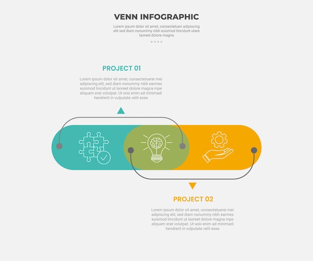 venn diagram infographic outline style with 2 point template with big round rectangle slice opposite direction with dot line connection for slide presentation