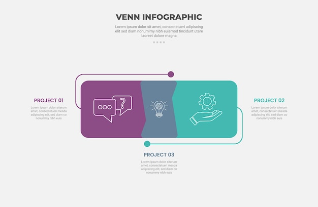 venn diagram infographic outline style with 2 point template with long round rectangle on horizontal direction for slide presentation