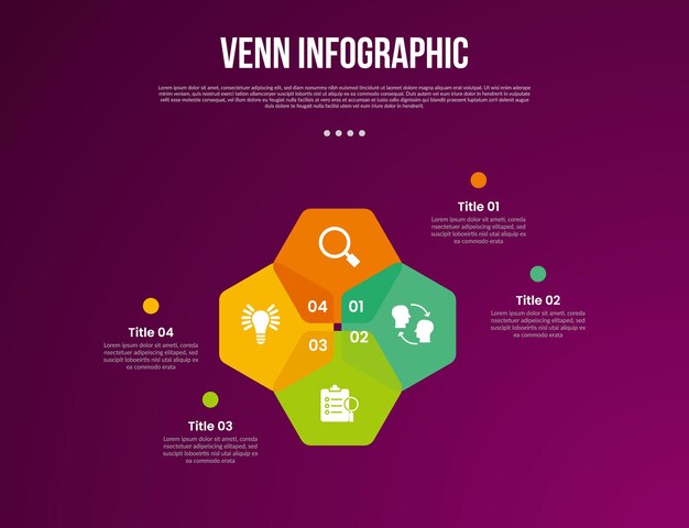 venn diagram infographic with hexagon component structure with 4 point dark background style for slide presentation