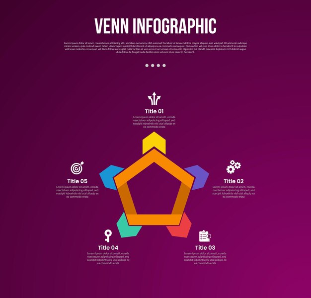 venn diagram infographic with pentagon shape structure with arrow spreading all direction with 5 point dark background style for slide presentation