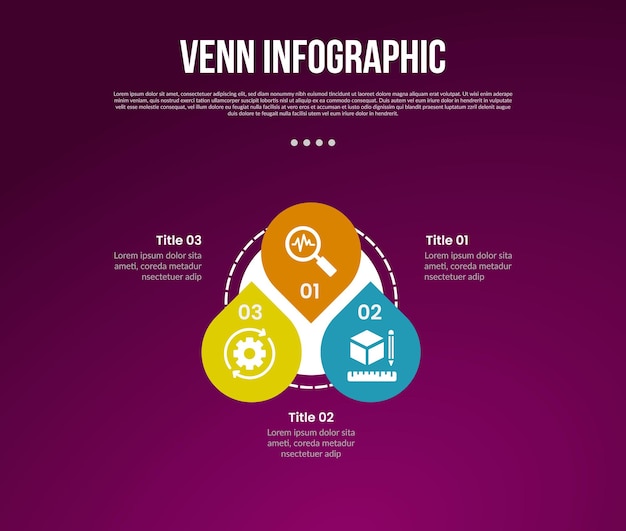 venn diagram infographic with pin location on outline circle along with 3 point dark background style for slide presentation