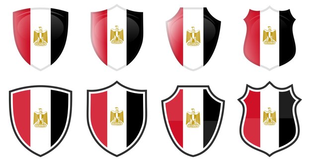 Vertical Egypt flag in shield shape, four 3d and simple versions. Egyptian icon / sign