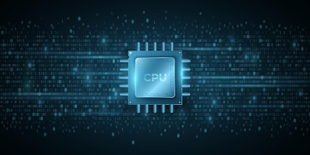 Vi mạch kỹ thuật số CPU trên nền mã nhị phân. Bộ xử lý hiệu suất cao tương lai. Dữ liệu lớn. Phần mềm. Khái niệm công nghệ. Minh họa vectơ. EPS 10