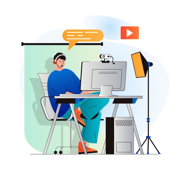 Video blogging concept in modern flat design Blogger records video clip in home studio or live