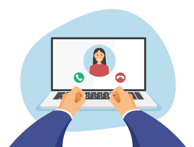 Video chat or conference on laptop screen Working from home Workplace and man hands
