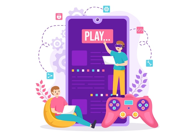 Video Game Development Vector Illustration with Games Programming and Coding in Hand Drawn Templates