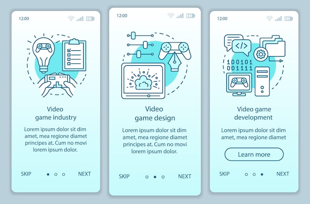 video game industry onboarding mobile app page screen vector template. computer game development, design. walkthrough website steps with linear illustrations. ux, ui, gui smartphone interface concept