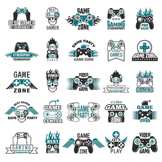 Video game labels. Gaming console cybersport logo joystick controller symbols of entertainment club  collection