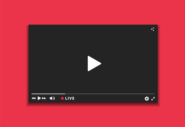 Video player window live streaming. Video player dark interface. Player design with button live stream.
