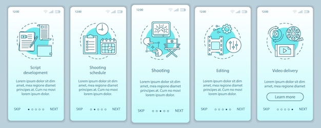 Video production onboarding mobile app page screen vector template. Film making process. Movie industry. Walkthrough website steps with linear illustrations. UX, UI, GUI smartphone interface concept