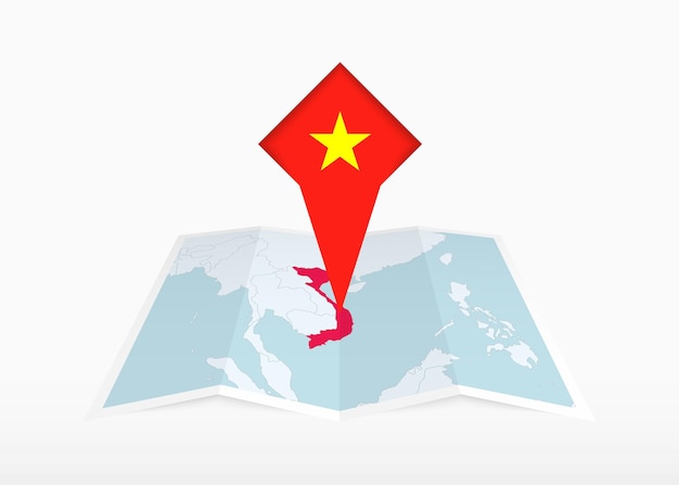 Vietnam is depicted on a folded paper map and pinned location marker with flag of Vietnam.